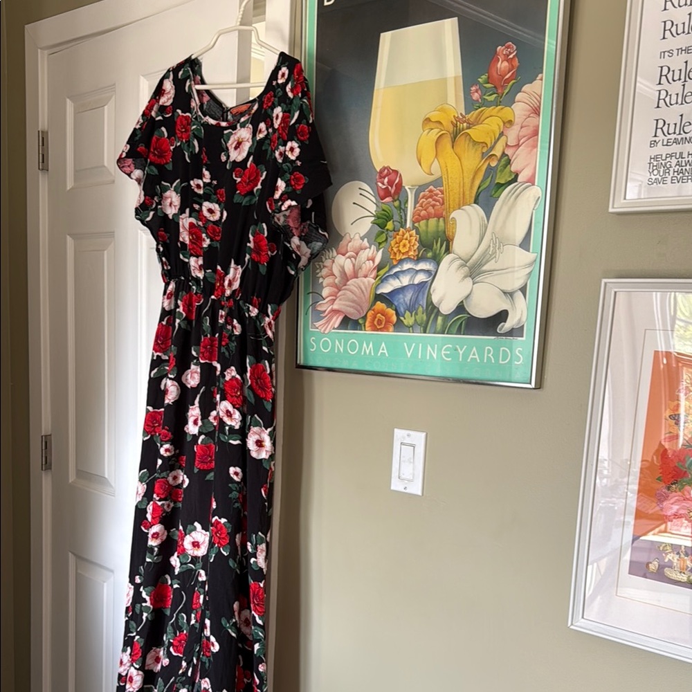 ModCloth black red pink floral maxi dress w flutter sleeves size L